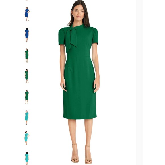 New Maggy London Dress Sz 12 Green FLIGHT ATTENDANT Tie Neck Sheath Retail $138 - Picture 5 of 14